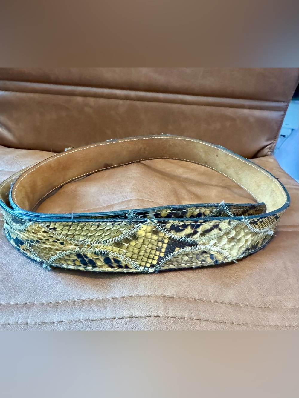 Vintage Patchwork Snakeskin Leather Belt Western For Belt Buckle Adjustable